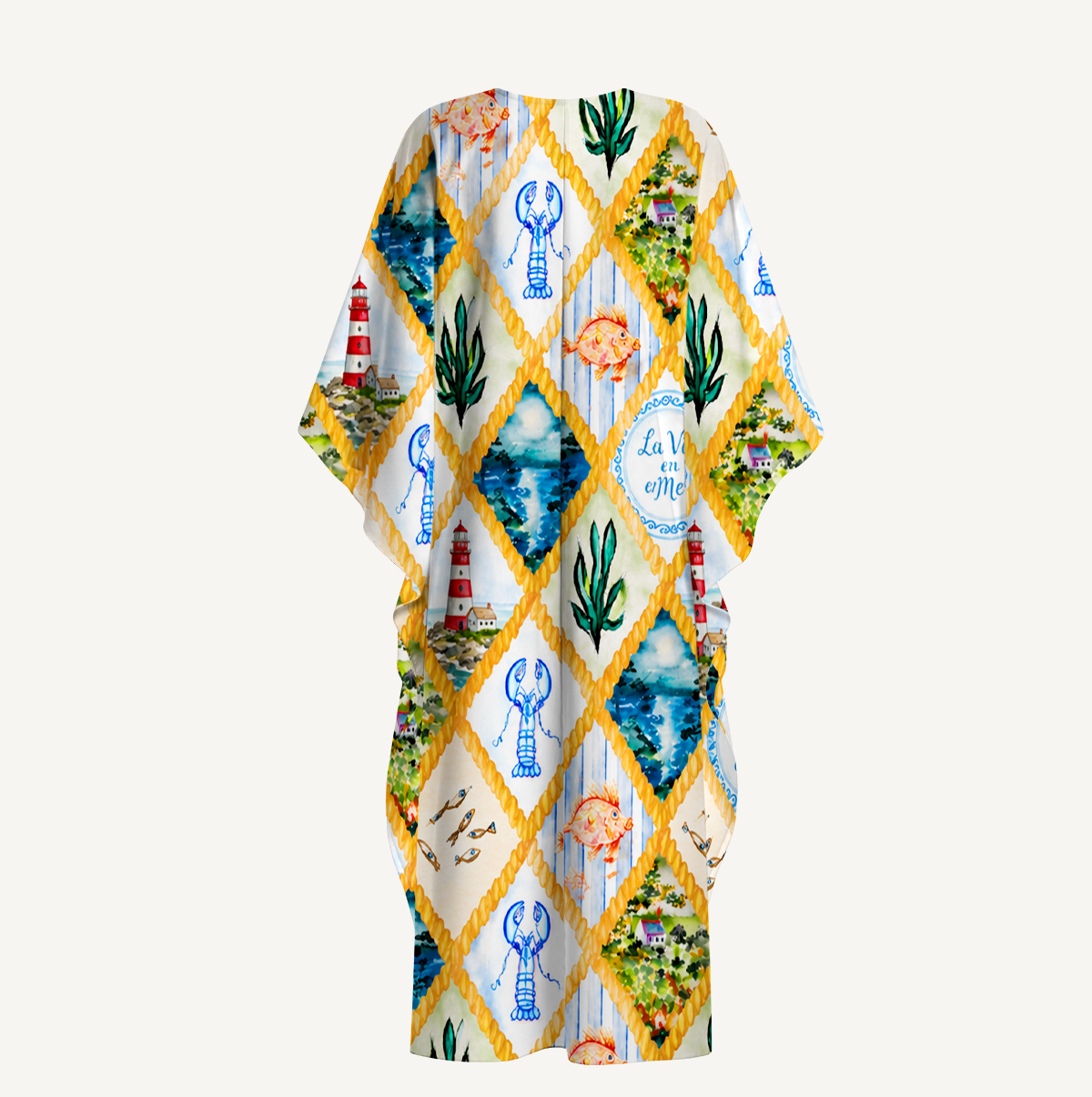 Coastal Patchwork Kimono Sleeve Kaftan Dress
