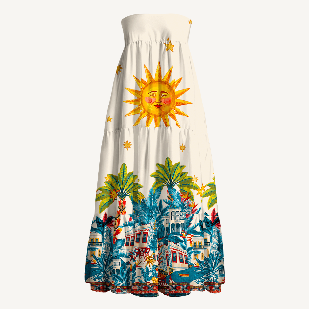 Retro Sun & Palm Maxi Skirt & Strapless Dress  