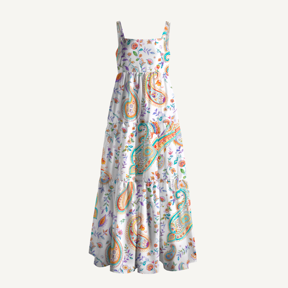 Boho Paisley Floral Botanical Pattern Strap Maxi Dress With Pockets