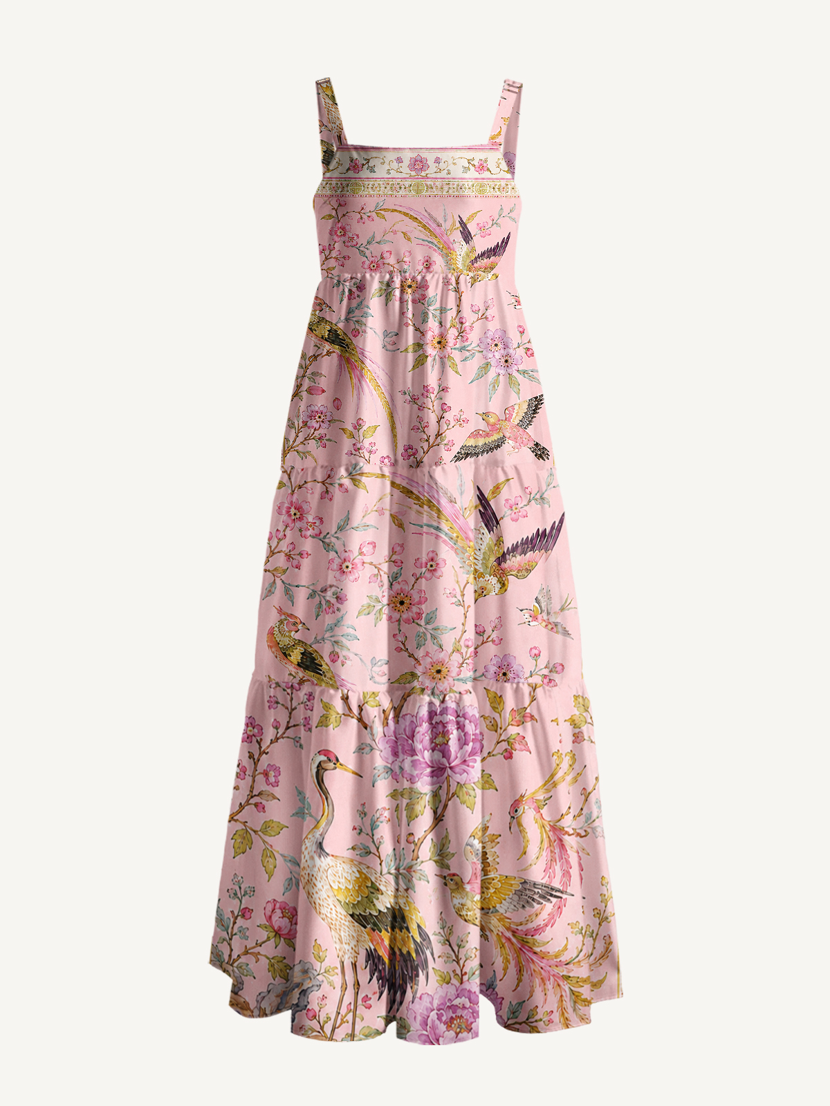 Pink Oriental Crane Garden Strap Maxi Dress With Pockets
