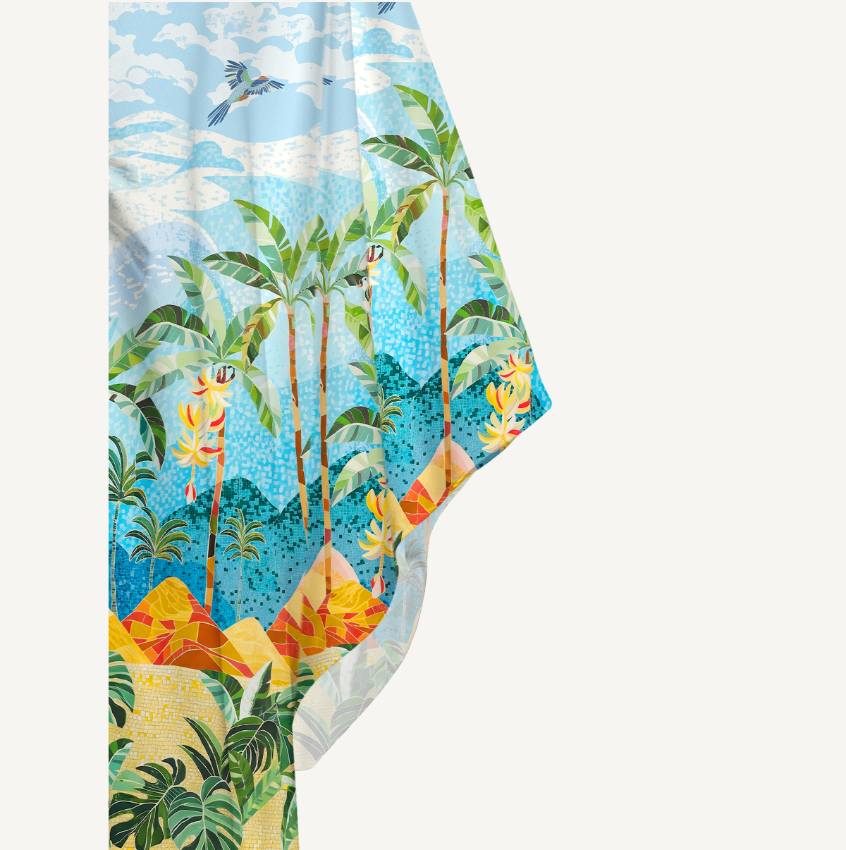 Rainforest Palm Tree Print Kimono Sleeve Kaftan Dress