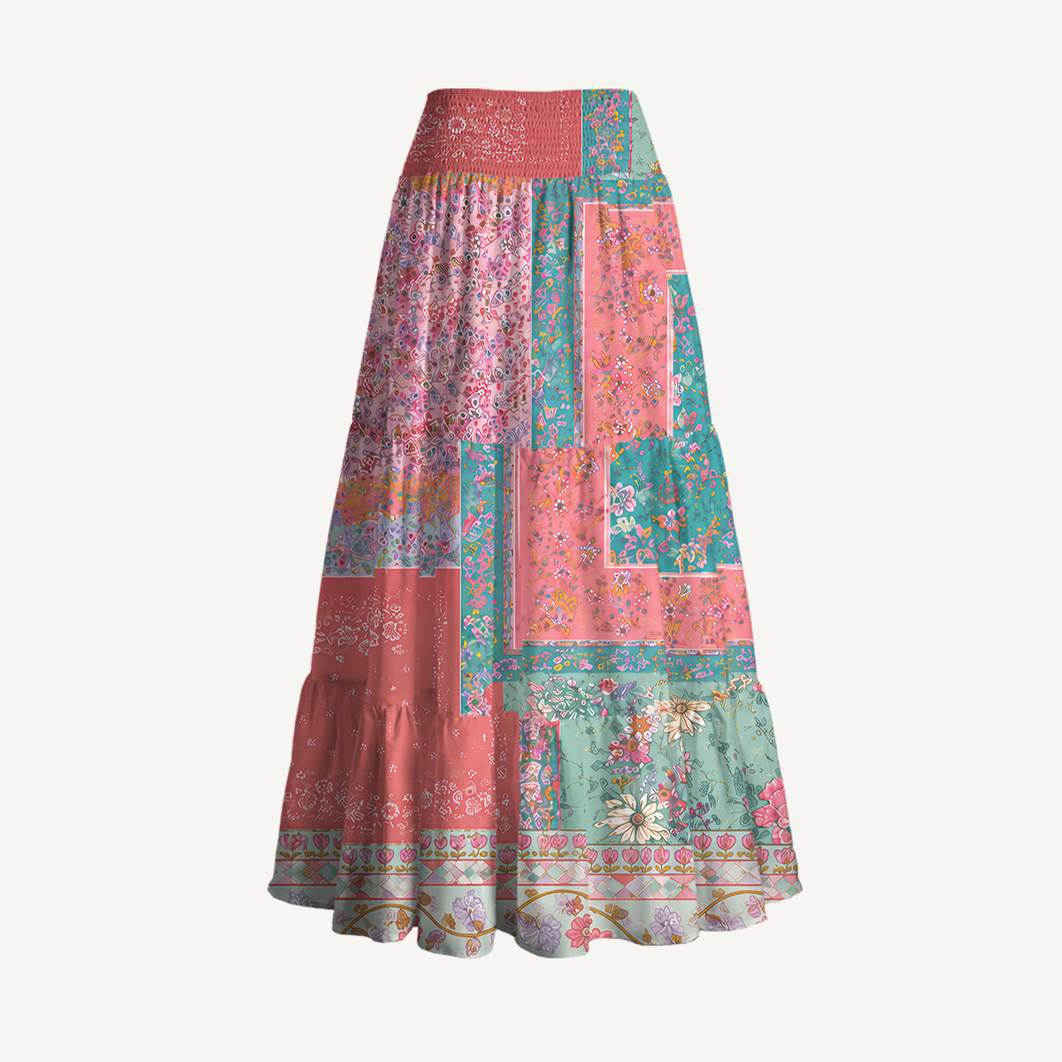 Coral Patchwork Garden Print Convertible Maxi Skirt & Strapless Dress
