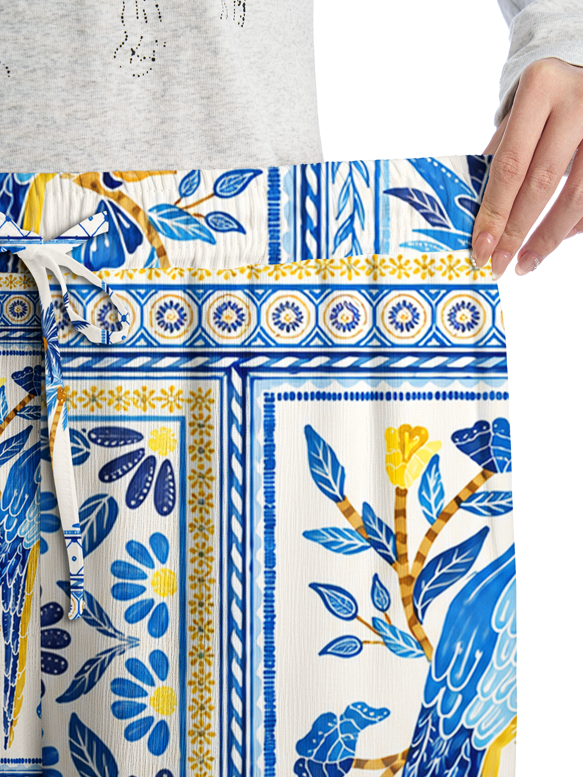 Blue Tropical Tile Wide Leg Tie Waist Pants With Pockets