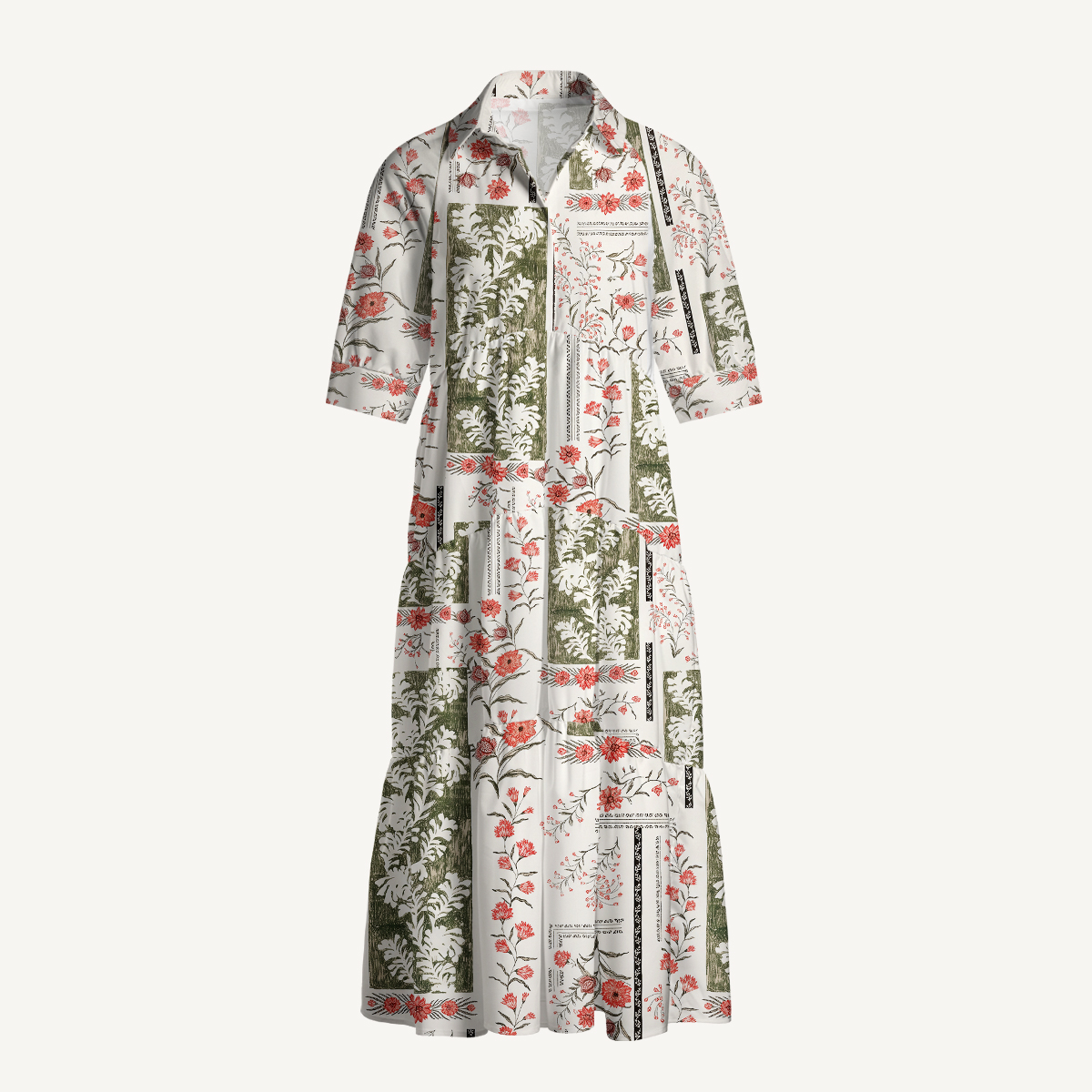 Vintage Botanical Patchwork Elbow Length Sleeve Midi Dress