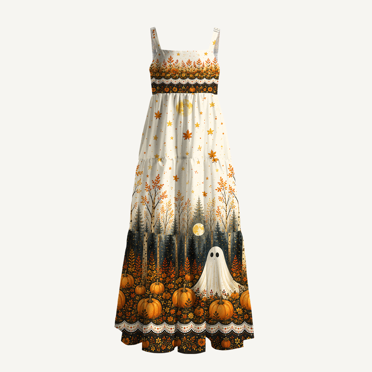 Autumn Ghost Pumpkin Forest Strap Maxi Dress With Pockets