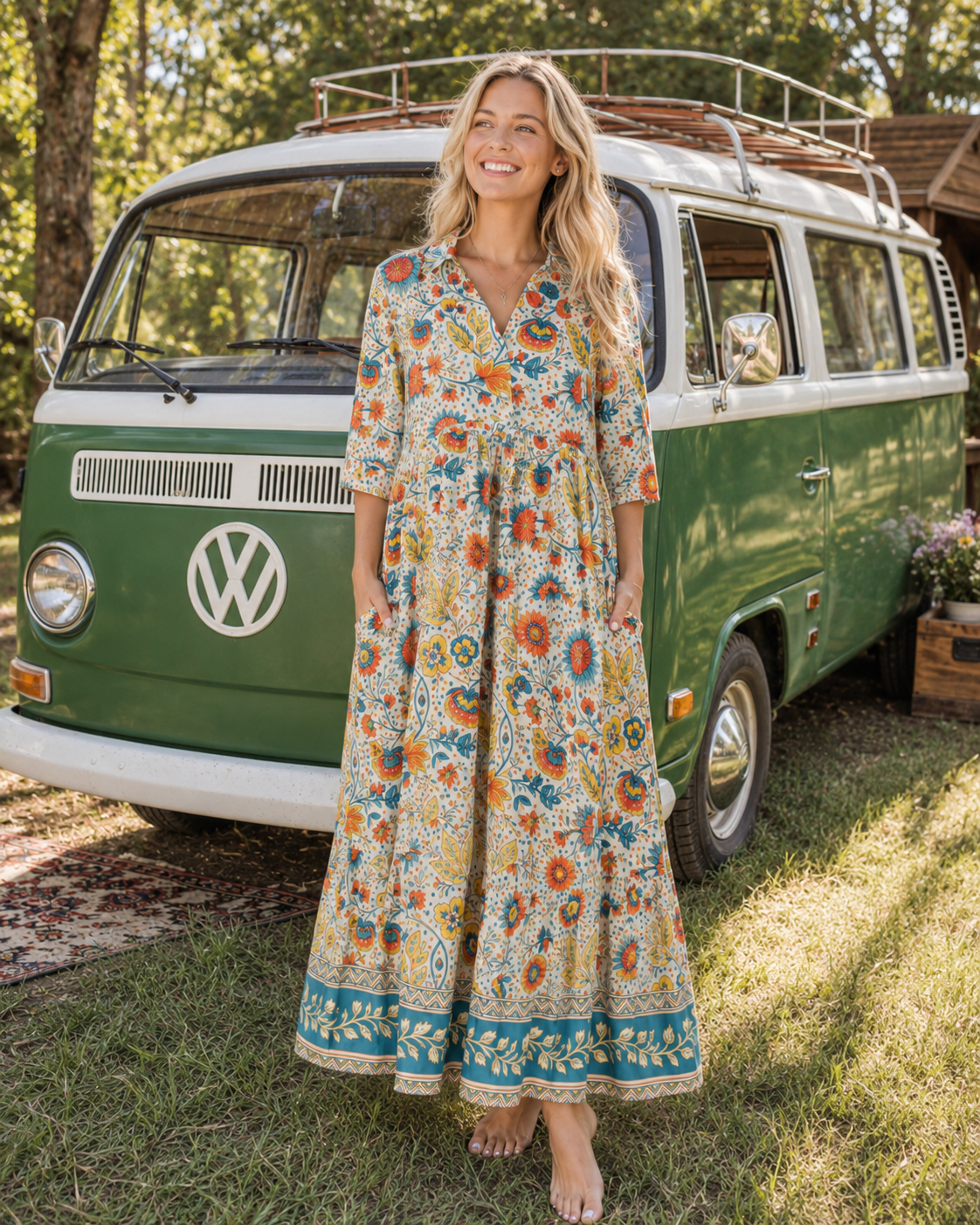 Moroccan Garden Pattern Print Midi Dress For Women With Pockets