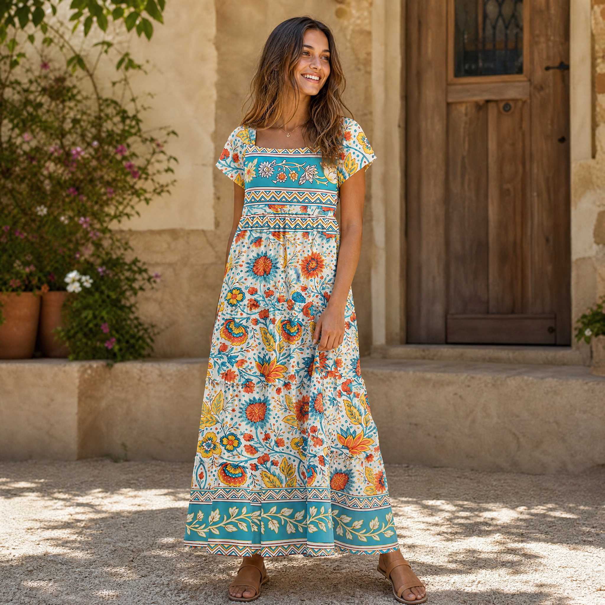 Moroccan Garden Pattern Square Neckline Cap Sleeve Maxi Dress