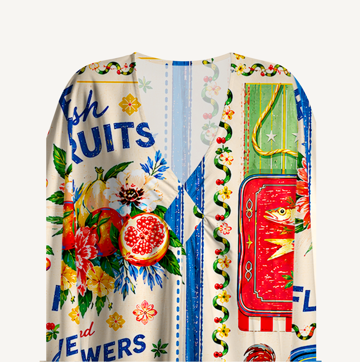 Fruits, Flowers & Fish Feast Kimono Sleeve Kaftan Dress