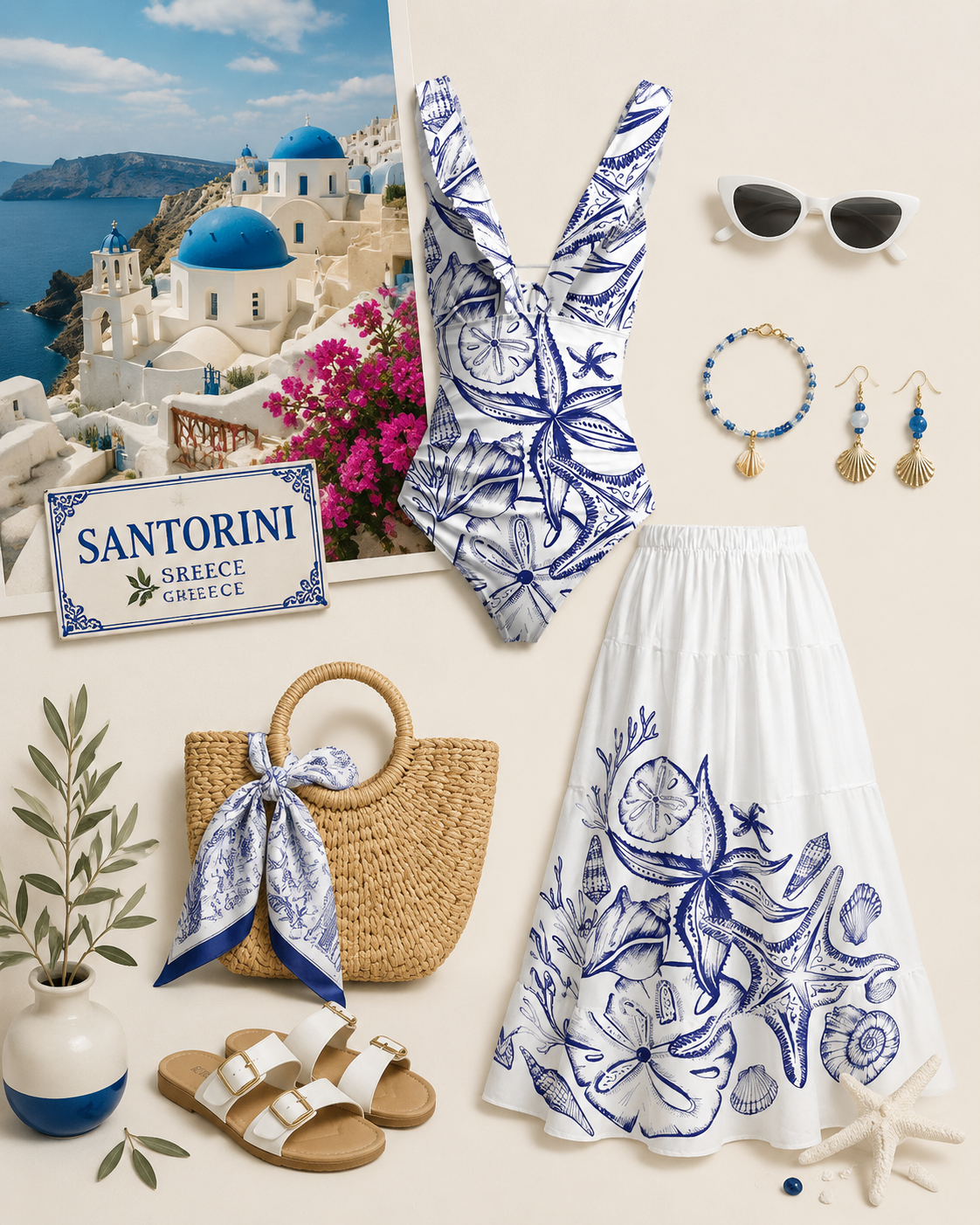 Coastal Nautical Starfish Ruffled V Neck One Piece Swimsuit and Matching Midi Skirt Set