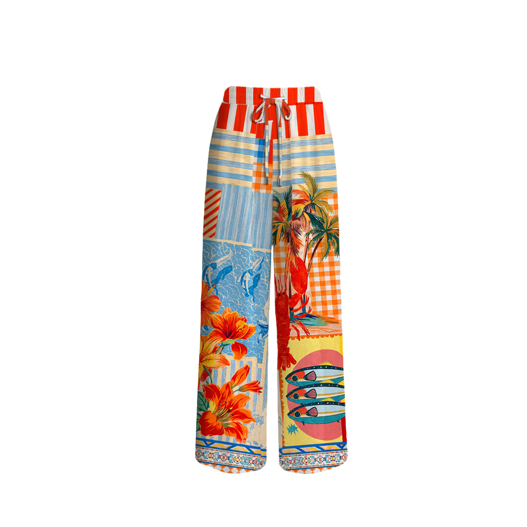 Tropical Lobster Patchwork Wide Leg Tie Waist Pants With Pockets