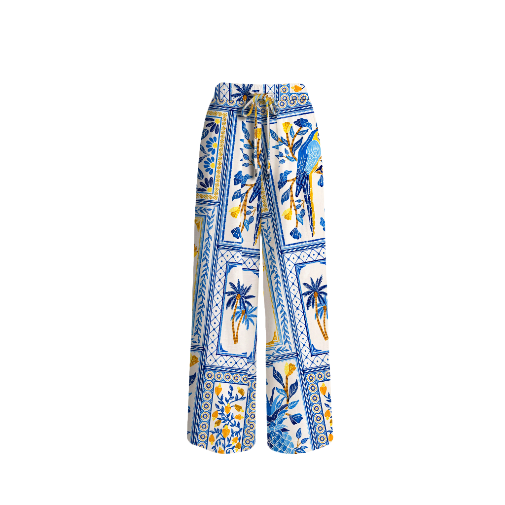 Blue Tropical Tile Wide Leg Tie Waist Pants With Pockets