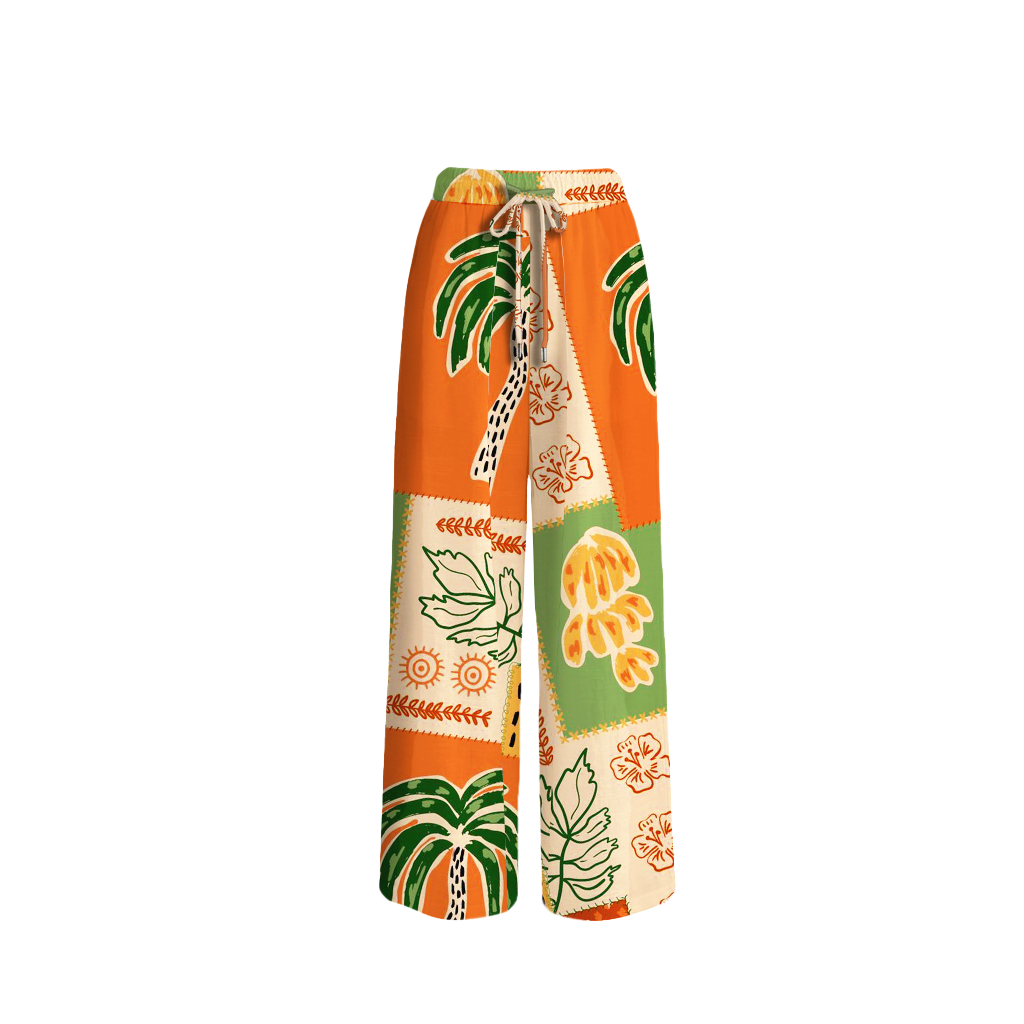 Boho Palm & Hibiscus Print Wide Leg Tie Waist Pants With Pockets
