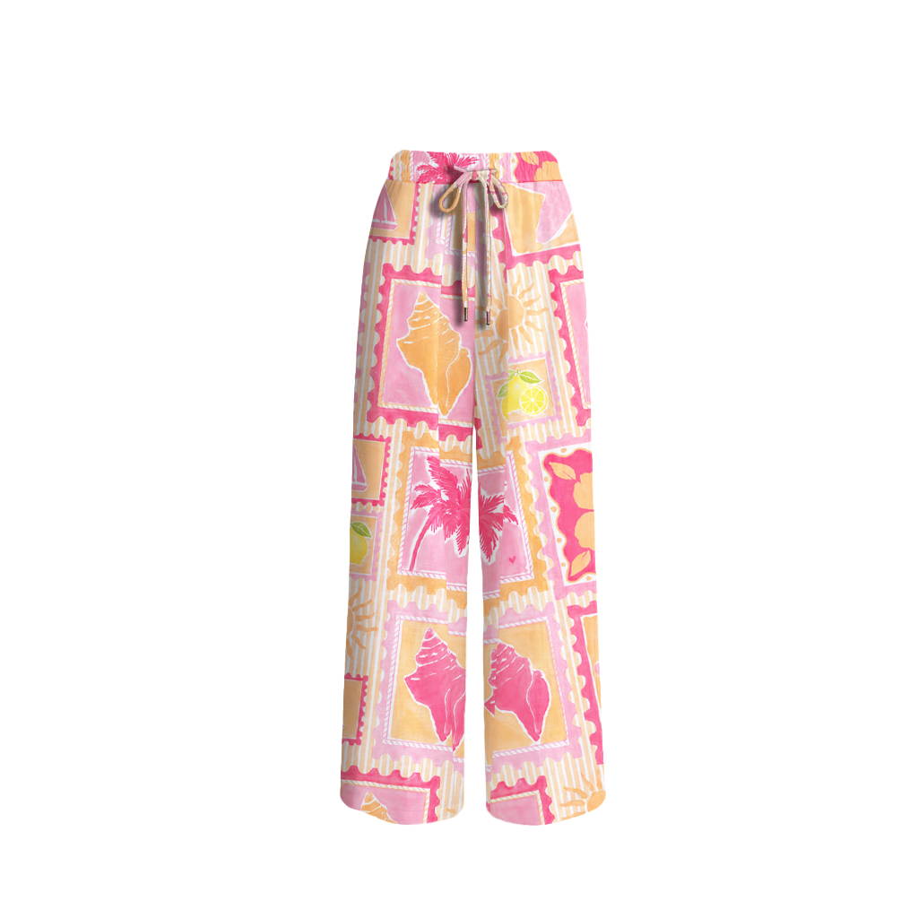 Coral Beach Postcard Wide Leg Tie Waist Pants With Pockets