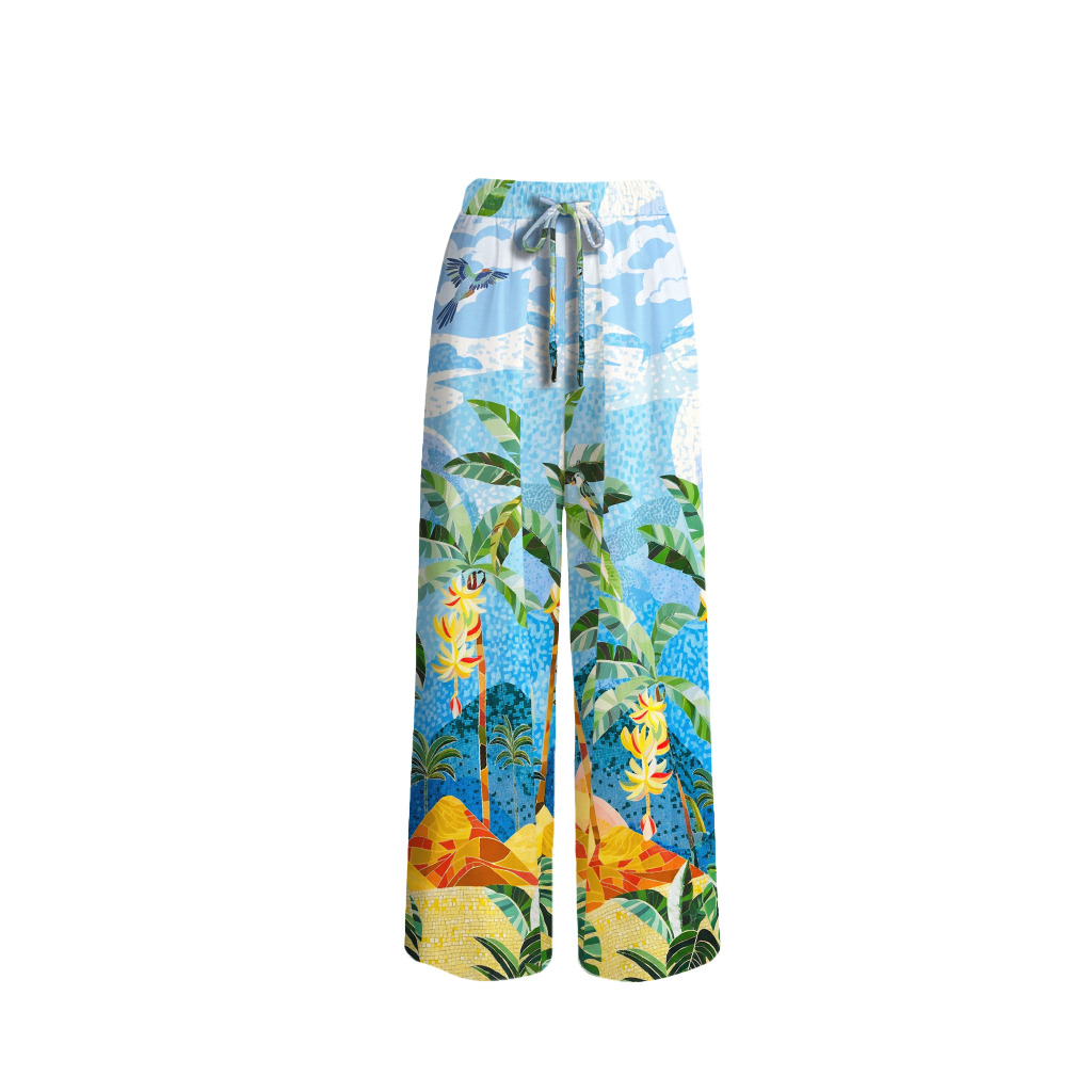 Rainforest Palm Tree Wide Leg Tie Waist Pants With Pockets