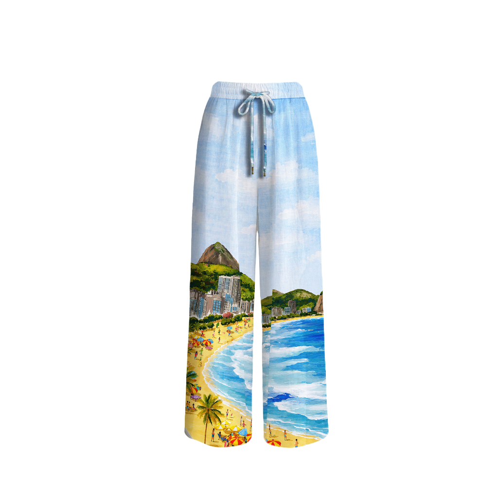 Rio Beach Scene Wide Leg Tie Waist Pants With Pockets
