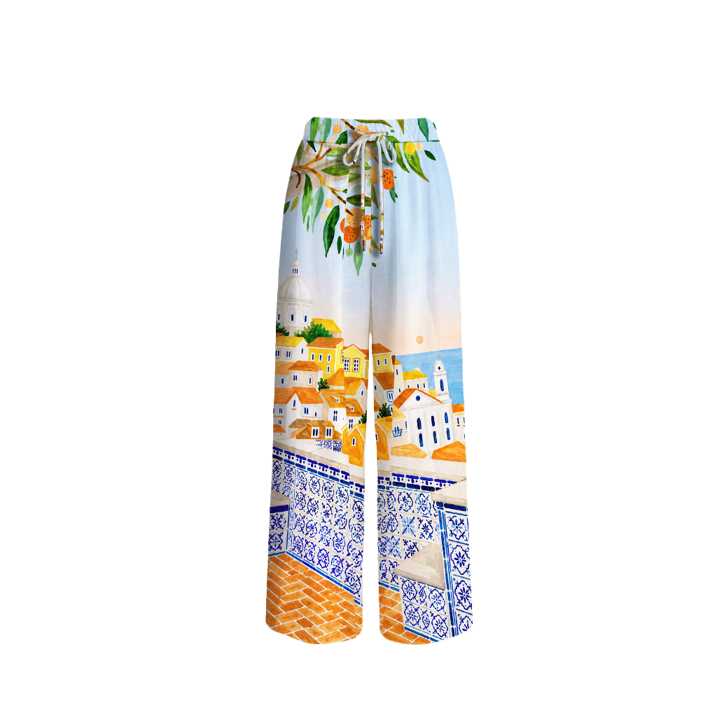 Lisbon Cityscape Wide Leg Tie Waist Pants With Pockets
