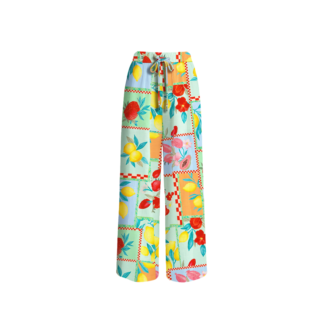 Fruit Party Vacation Wide Leg Tie Waist Pants With Pockets