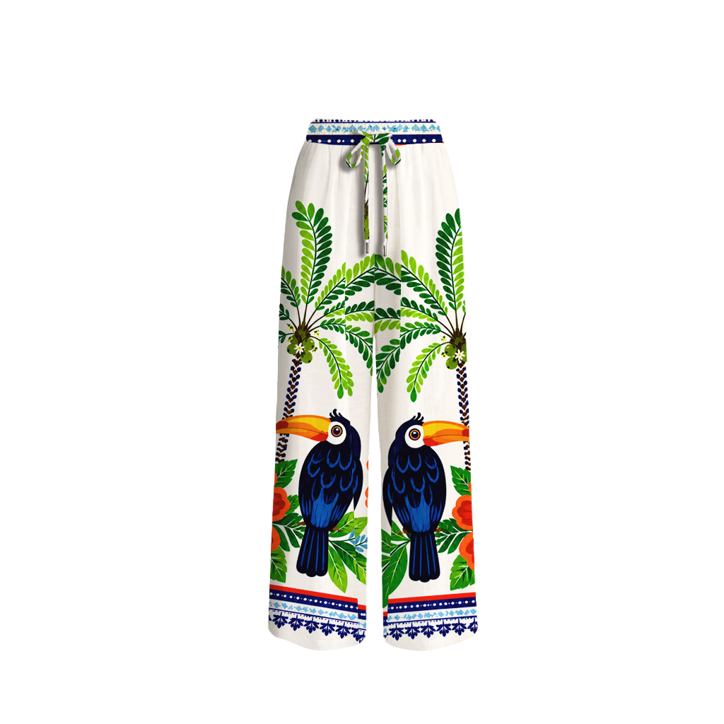 Vibrant Tropical Toucan Wide Leg Tie Waist Pants With Pockets