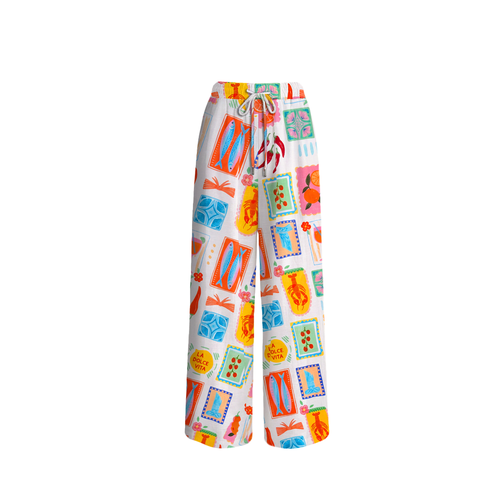 Tropical Stamp Print Wide Leg Tie Waist Pants With Pockets