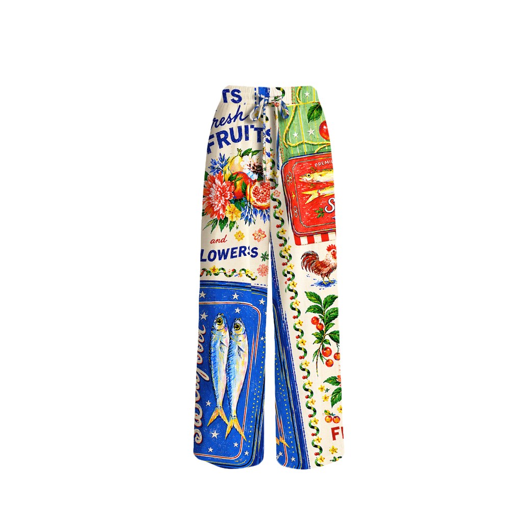 Fruits, Flowers & Fish Feast Wide Leg Tie Waist Pants With Pockets
