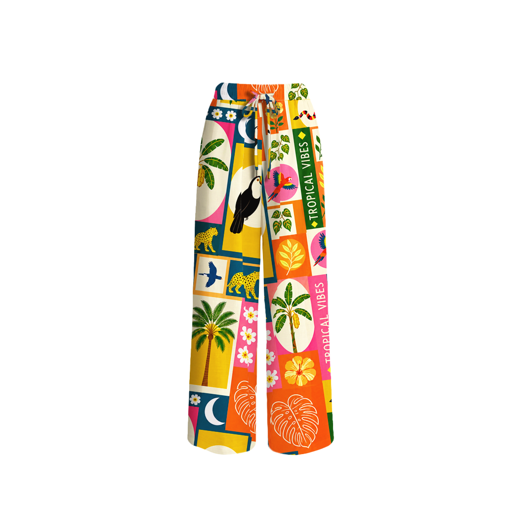 Tropical Patchwork Wide Leg Tie Waist Pants With Pockets