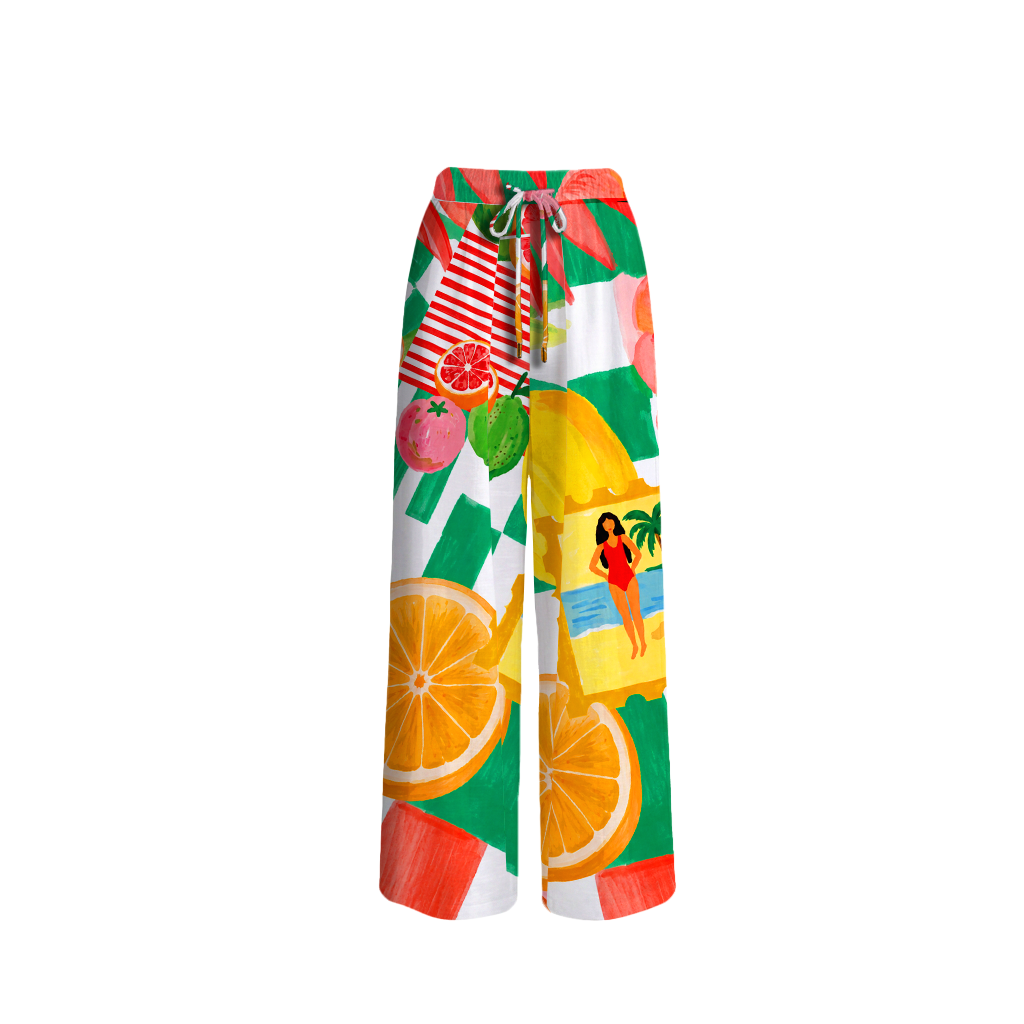 Tropical Floral & Palm Wide Leg Tie Waist Pants With Pockets