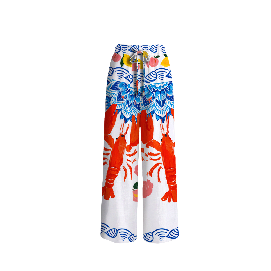 Lobster & Lemon Wide Leg Tie Waist Pants With Pockets
