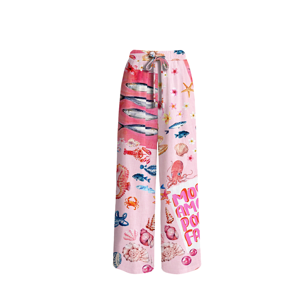Pink Ocean Life Wide Leg Tie Waist Pants With Pockets