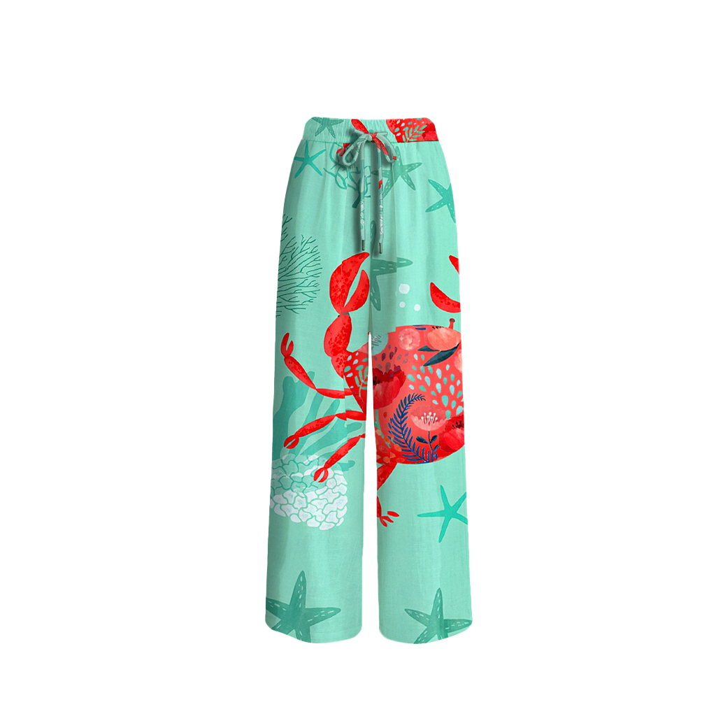 Floral Crab Wide Leg Tie Waist Pants With Pockets