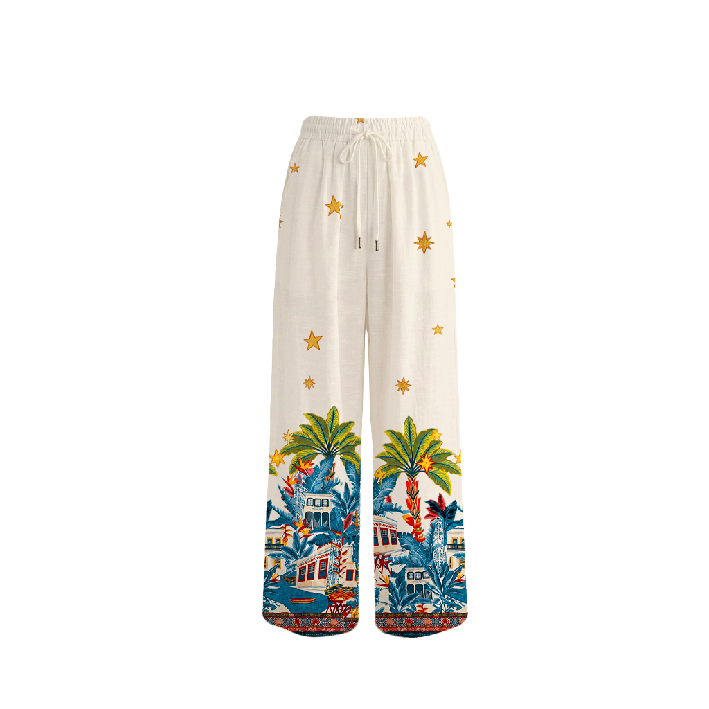 Retro Sun & Palm Wide Leg Tie Waist Pants With Pockets