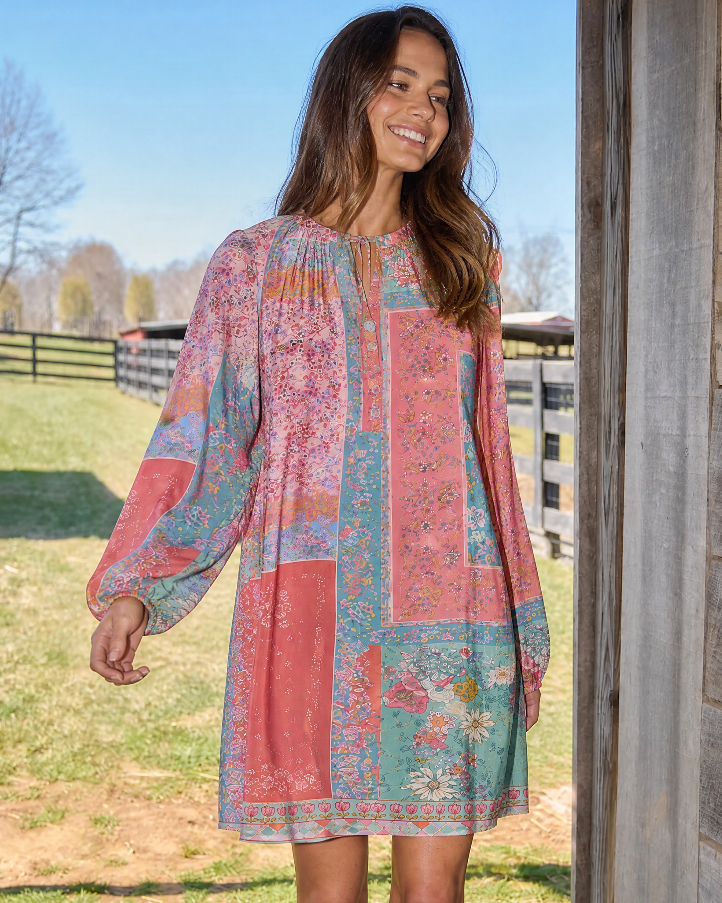 Coral Patchwork Garden Tie‑Neck Long Sleeve Womens Mini Dress