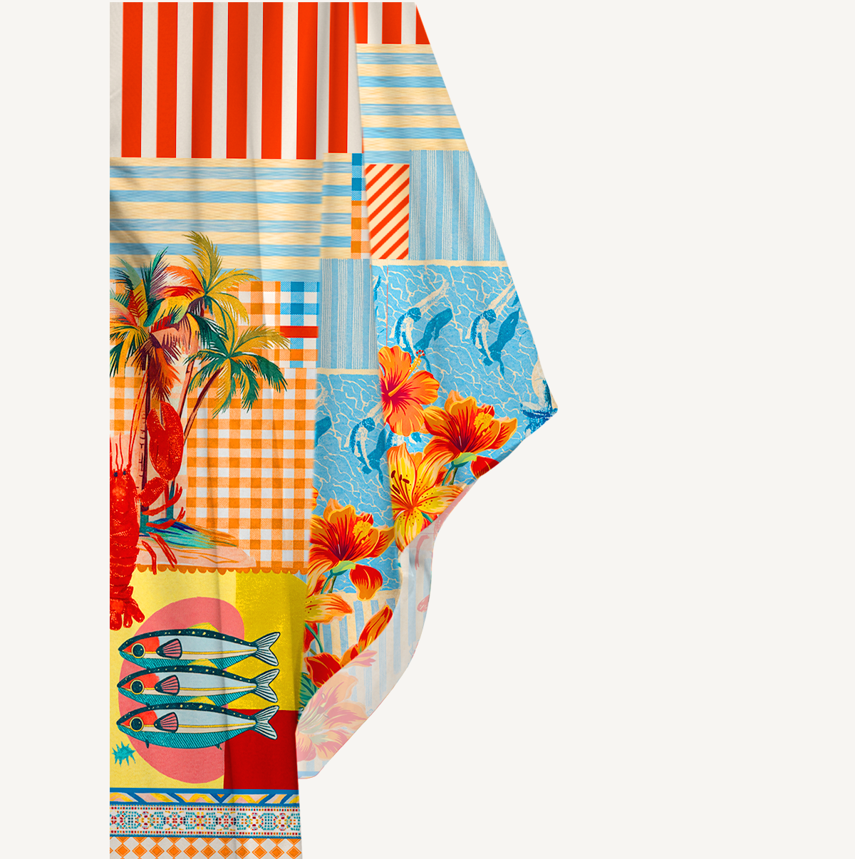 Tropical Lobster Patchwork Kimono Sleeve Kaftan Dress