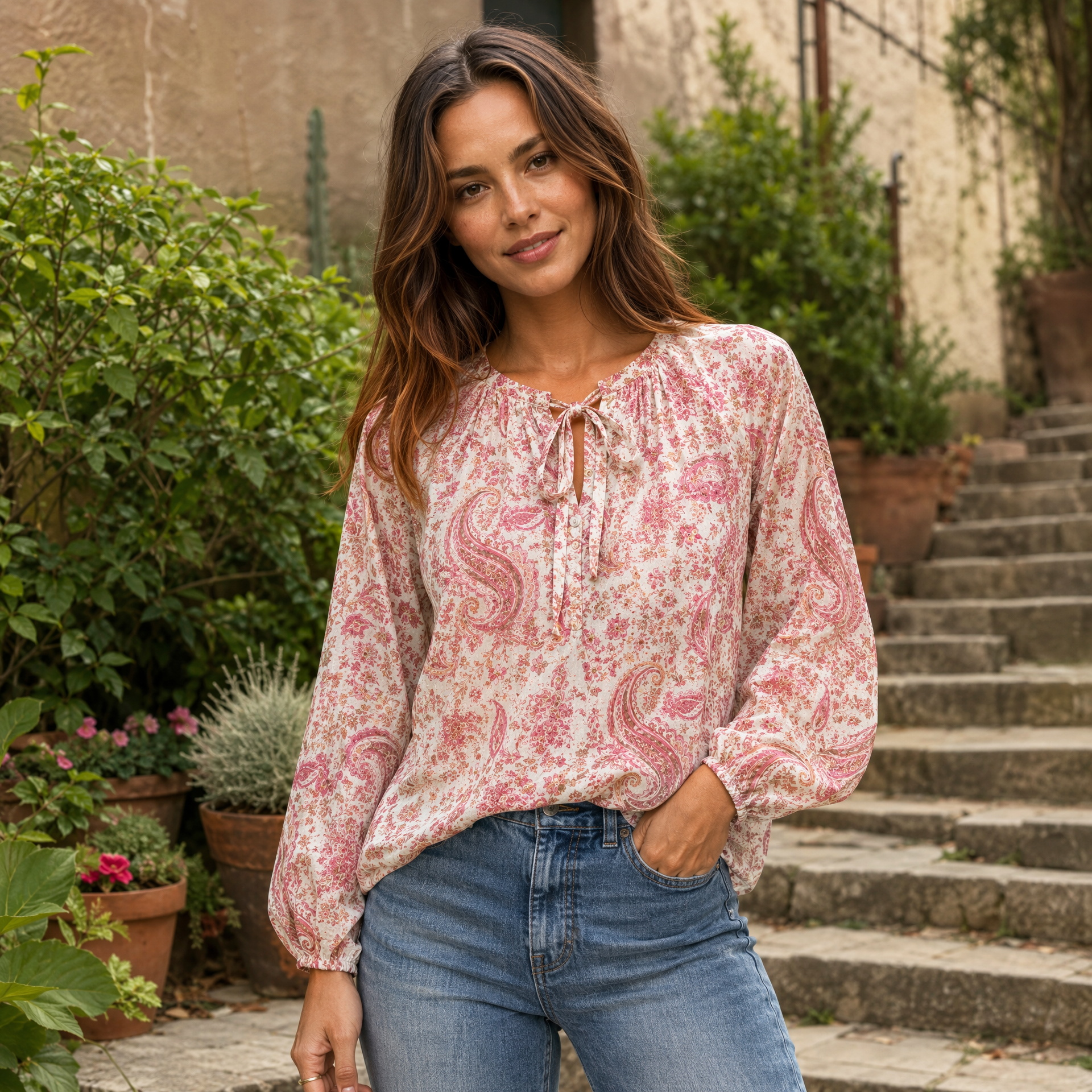 Blossom Pink Paisley Boho Long Sleeve Tie‑Neck Blouse