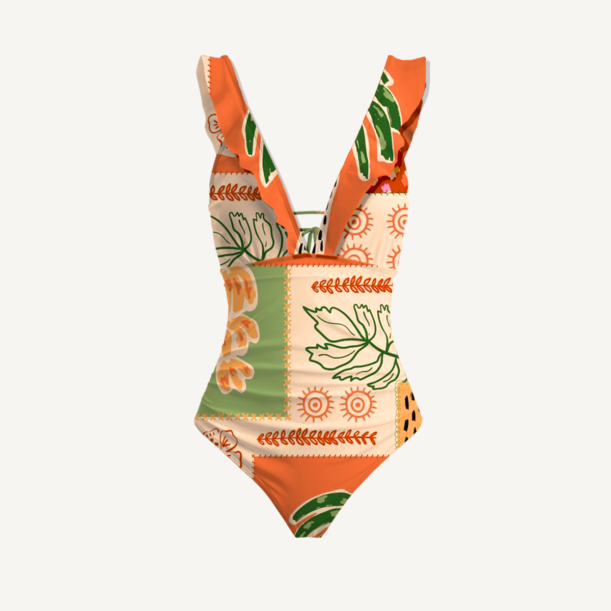 Boho Palm & Hibiscus Print Ruffled V Neck One Piece Swimsuit and Matching Midi Skirt Set