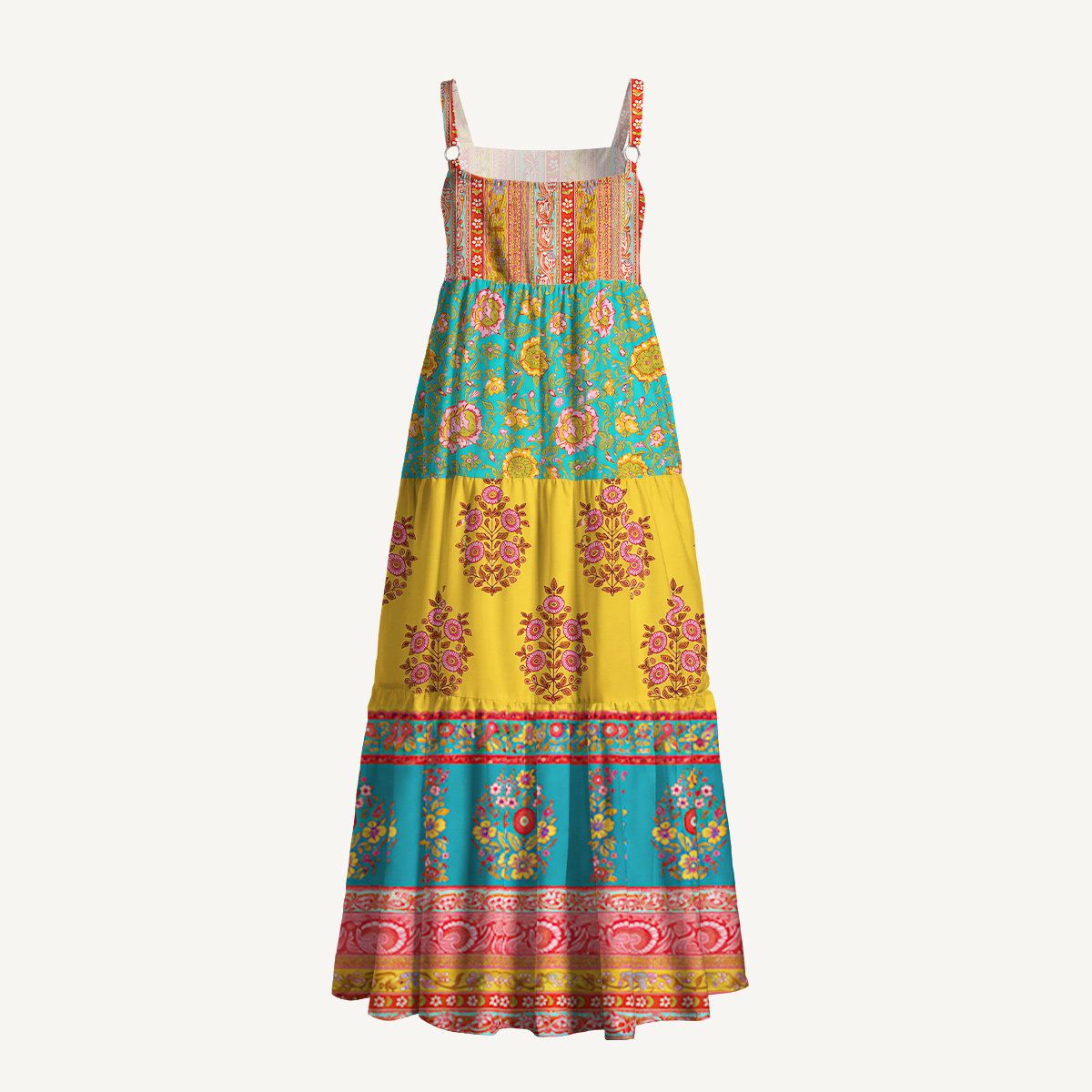 Boho Floral Patchwork Strap Maxi Dress With Pockets