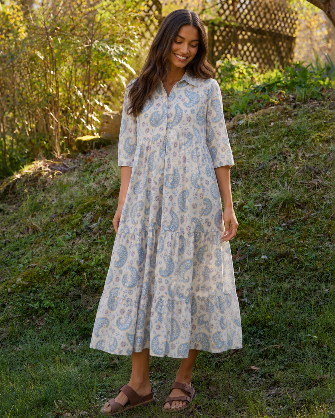 Sky Blue Paisley Bloom Elbow-Length Sleeve Midi Dress With Pockets
