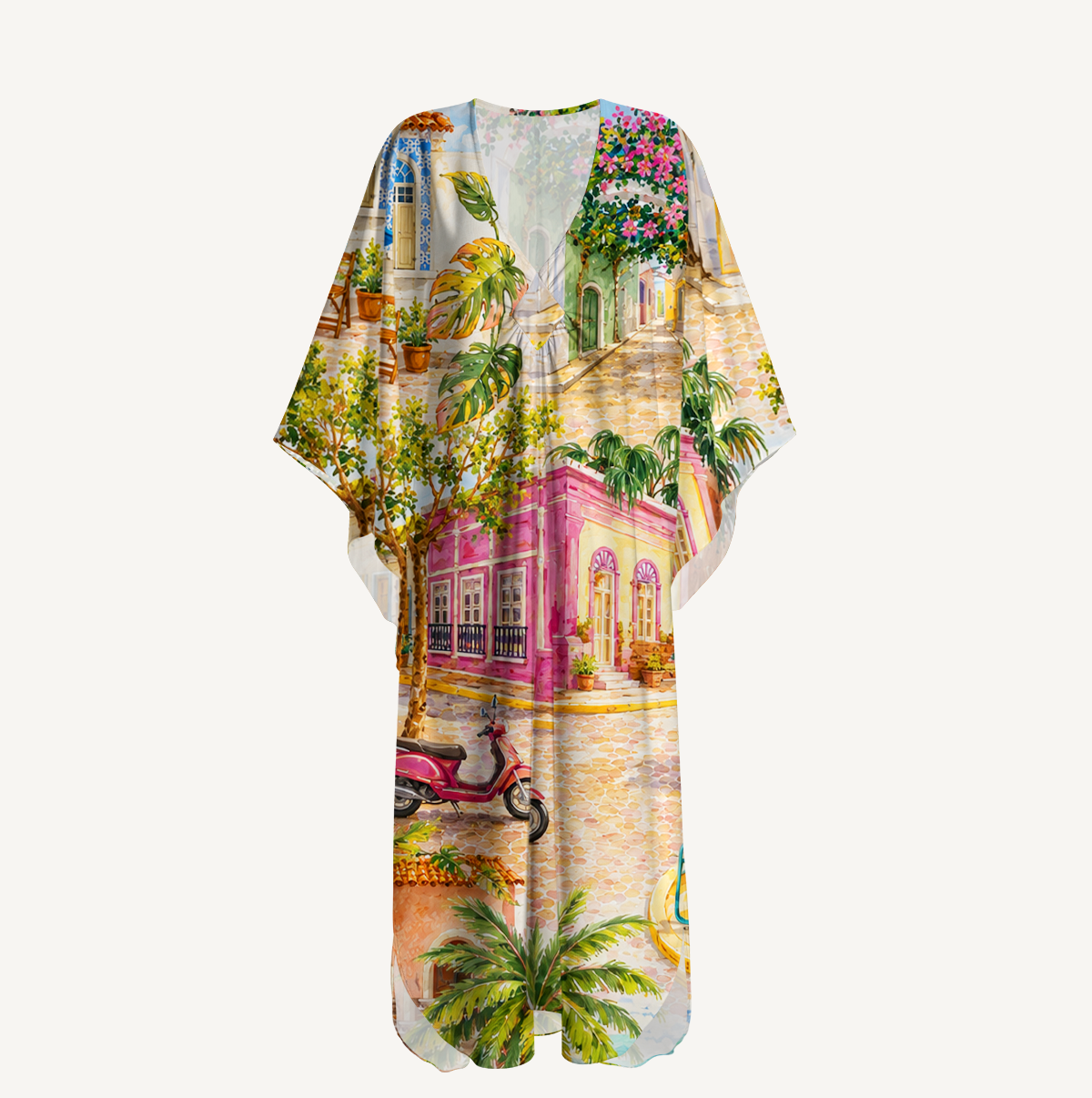 Colorful Coastal Town Street Kimono Sleeve Kaftan Dress