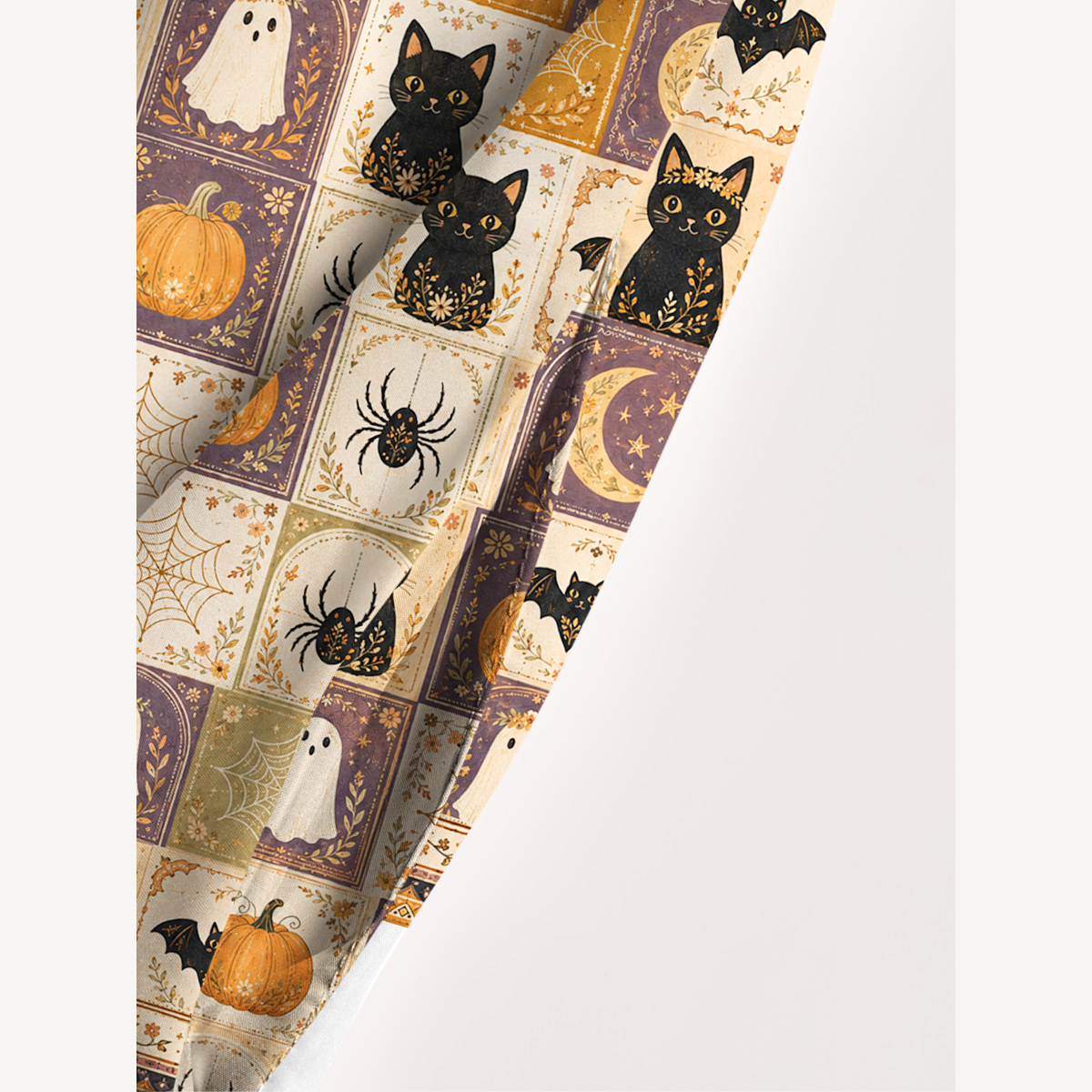Halloween Cat & Pumpkin Patchwork Print Strap Maxi Dress With Pockets