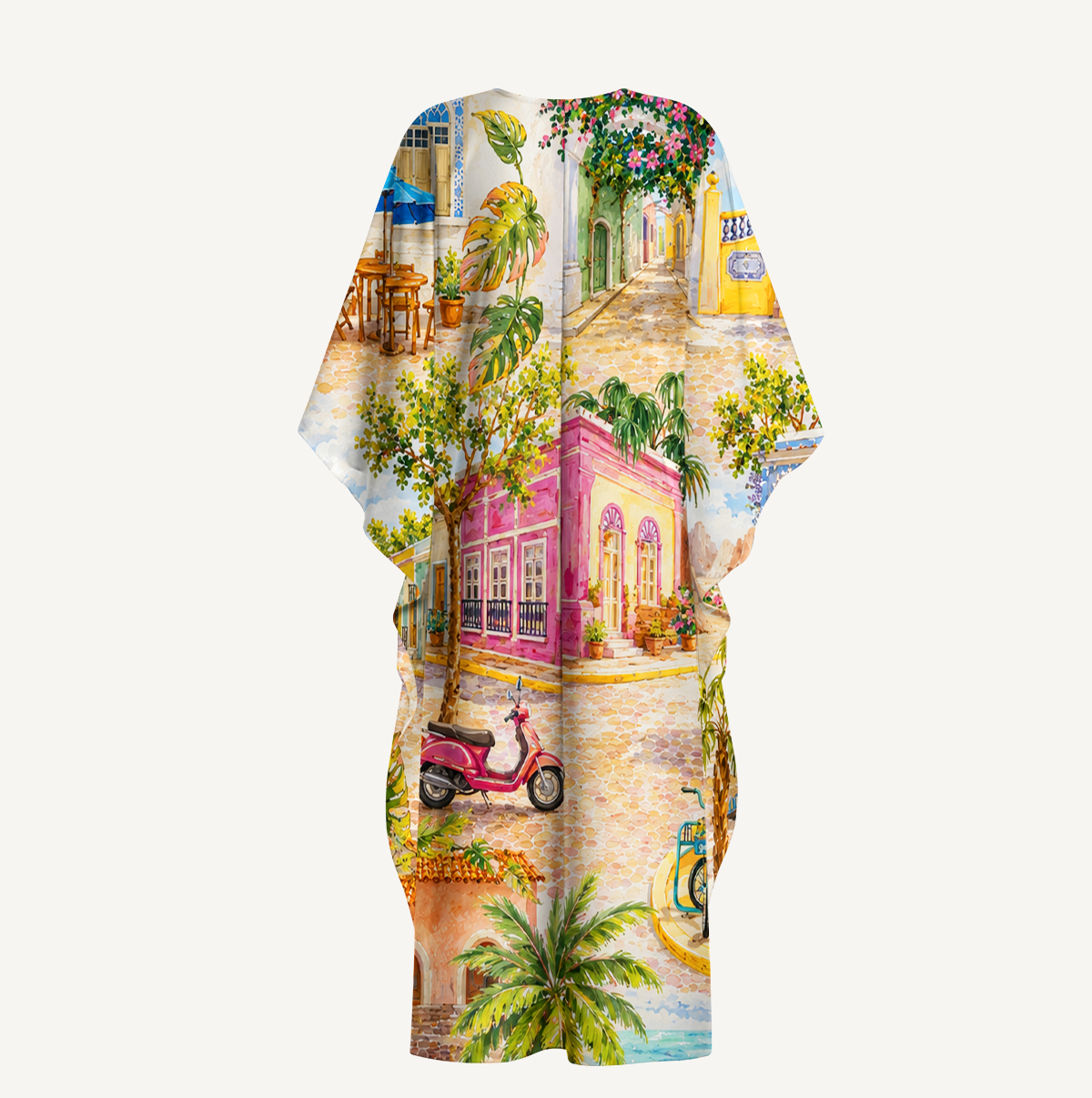 Colorful Coastal Town Street Kimono Sleeve Kaftan Dress
