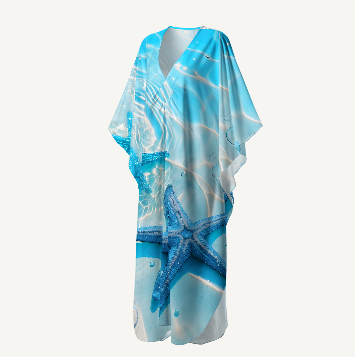 Blue Starfish in Crystal Sea Kimono Sleeve Kaftan Dress