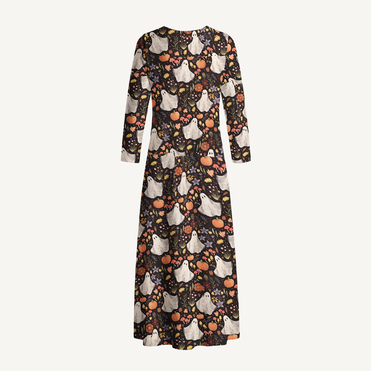 Midnight Pumpkin Ghost Garden Halloween Long Sleeve Maxi Dress with Pockets