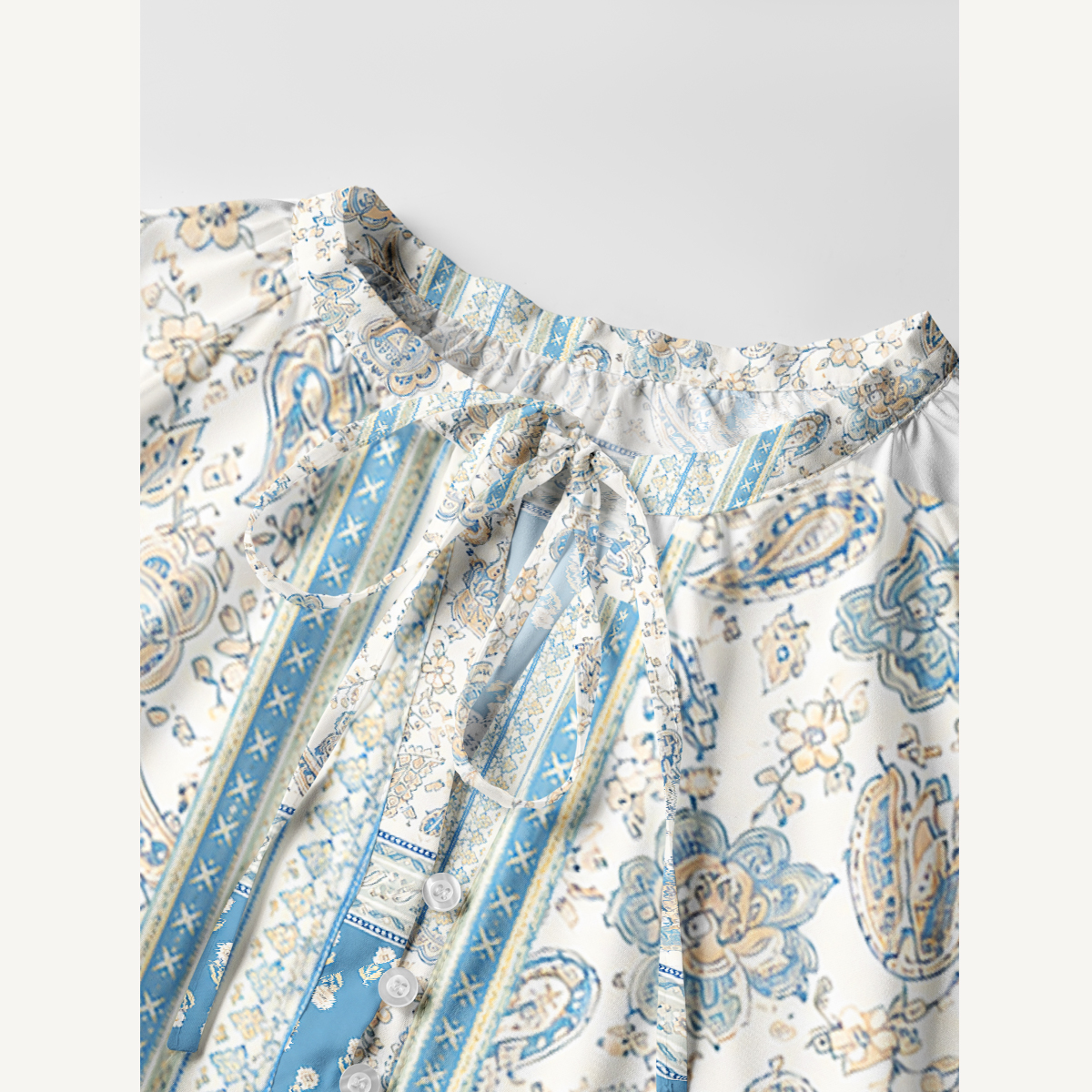 Blue Vintage Floral Border Tie‑Neck Long Sleeve Mini Dress