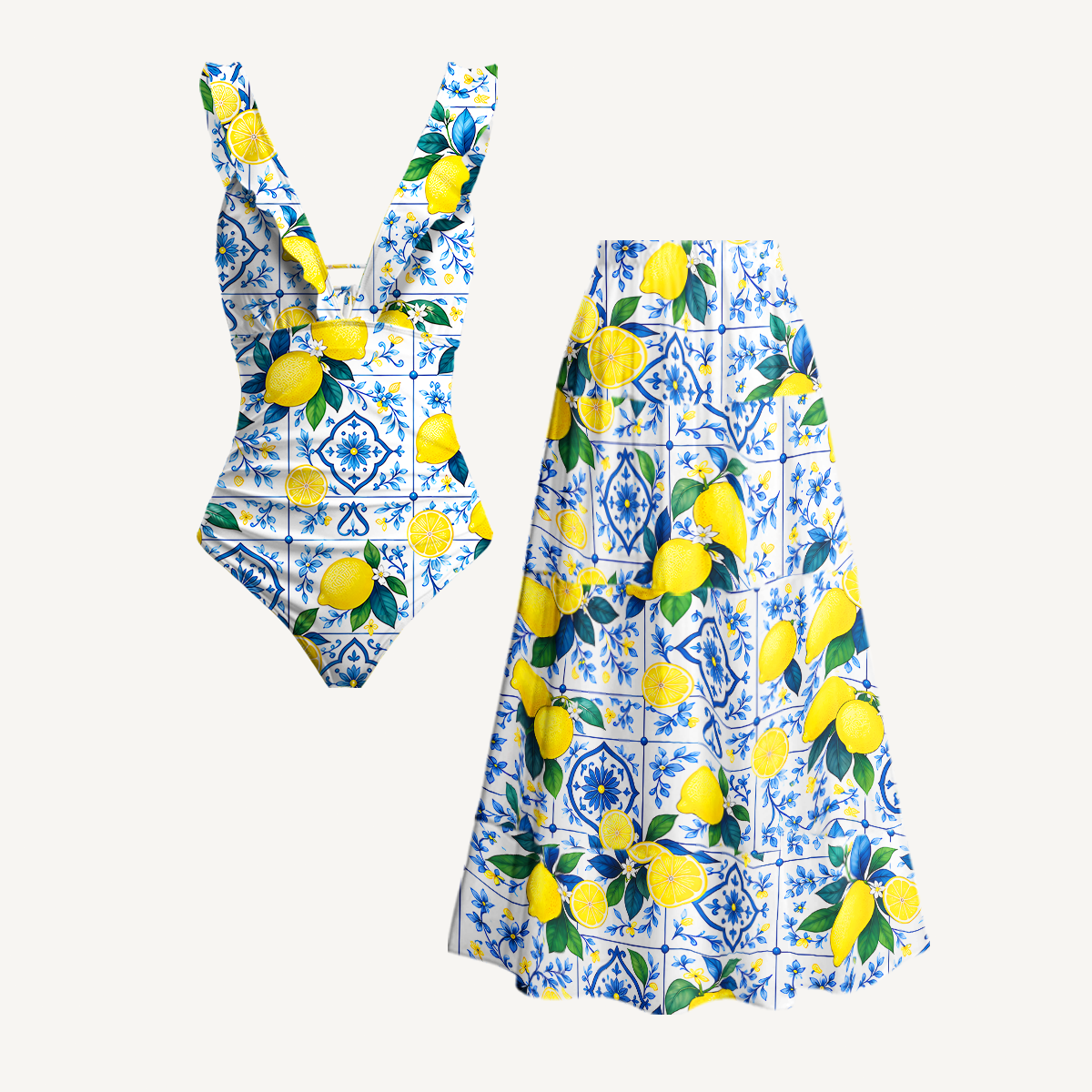 Mediterranean-style tiles with lemon patterns V Neck Swimwear For Women
