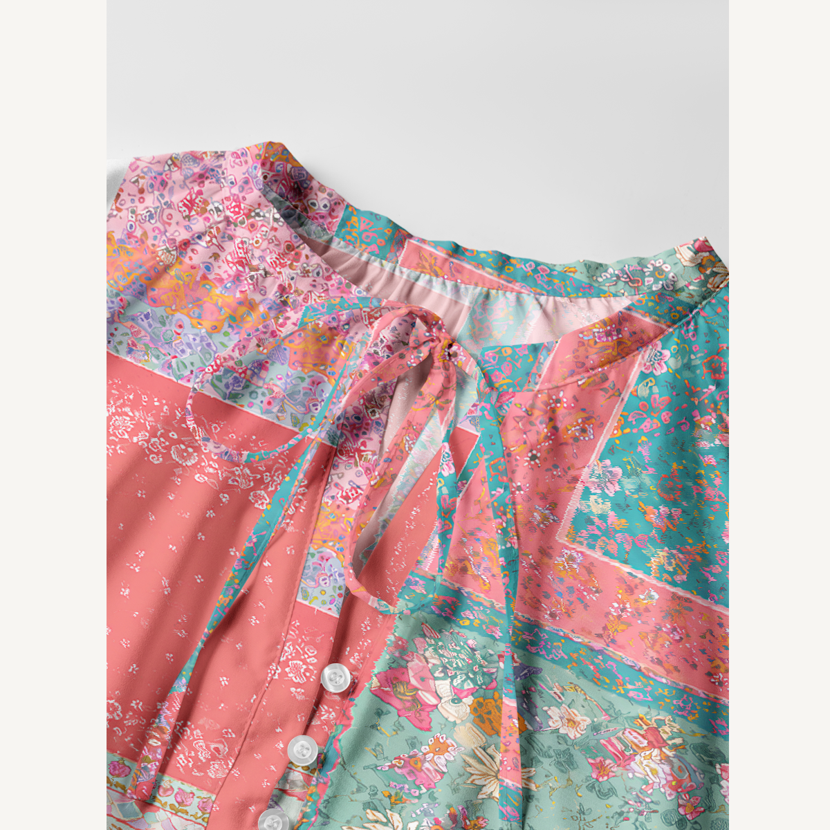 Coral Patchwork Garden Tie‑Neck Long Sleeve Womens Mini Dress
