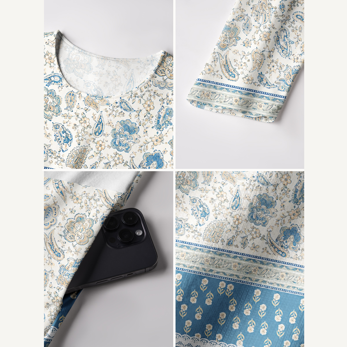 Blue Vintage Floral Border Soft-Touch Stretch Knit Long Sleeve Maxi Dress with Pockets