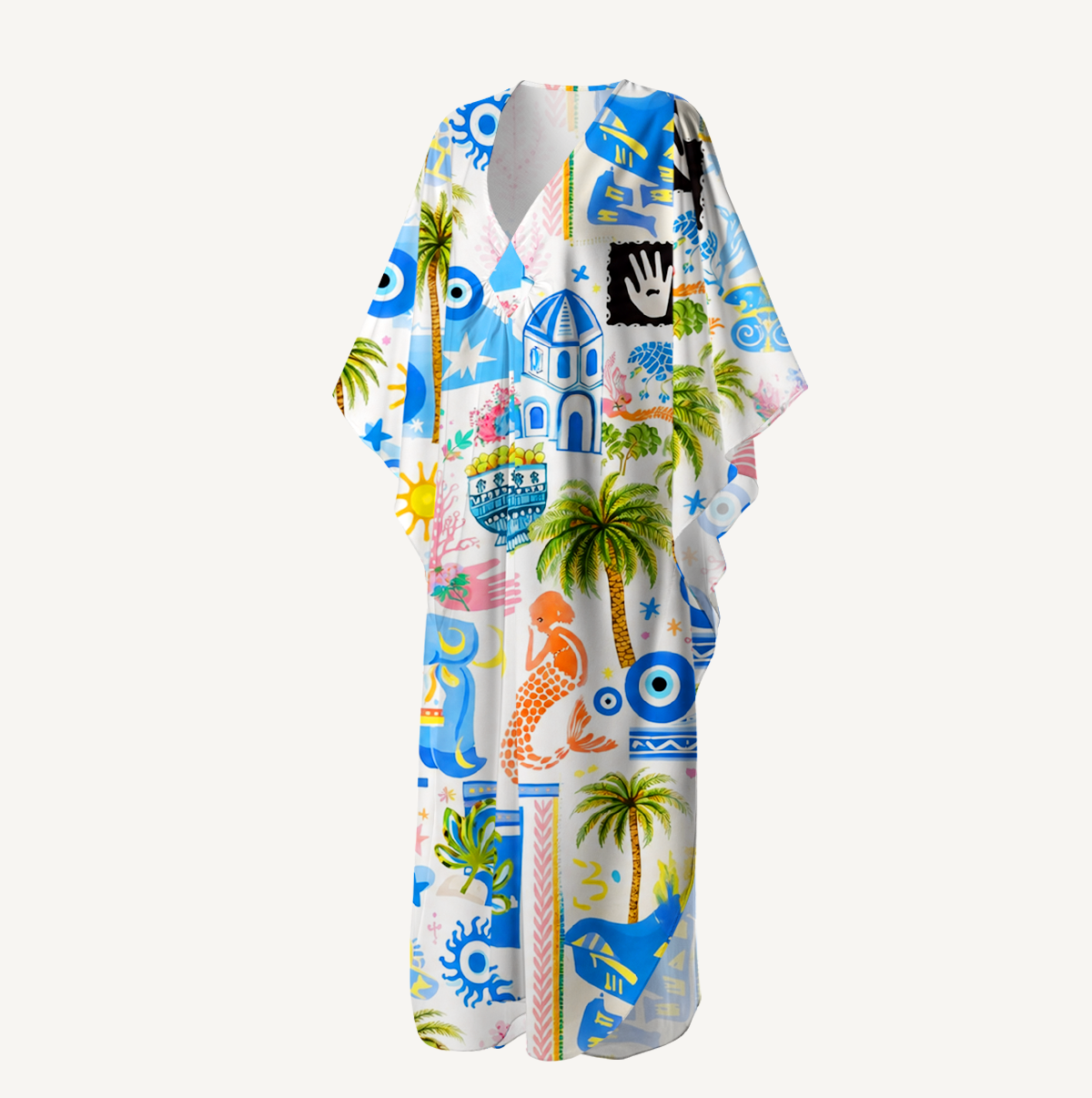 Greek Island Charms Pattern Kimono Sleeve Kaftan Dress
