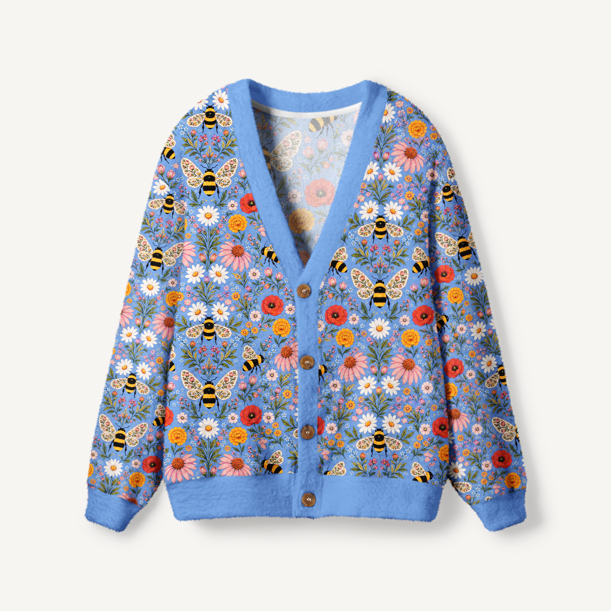 Whimsical Garden Bumblebee & Wildflower Cardigan Sweaters
