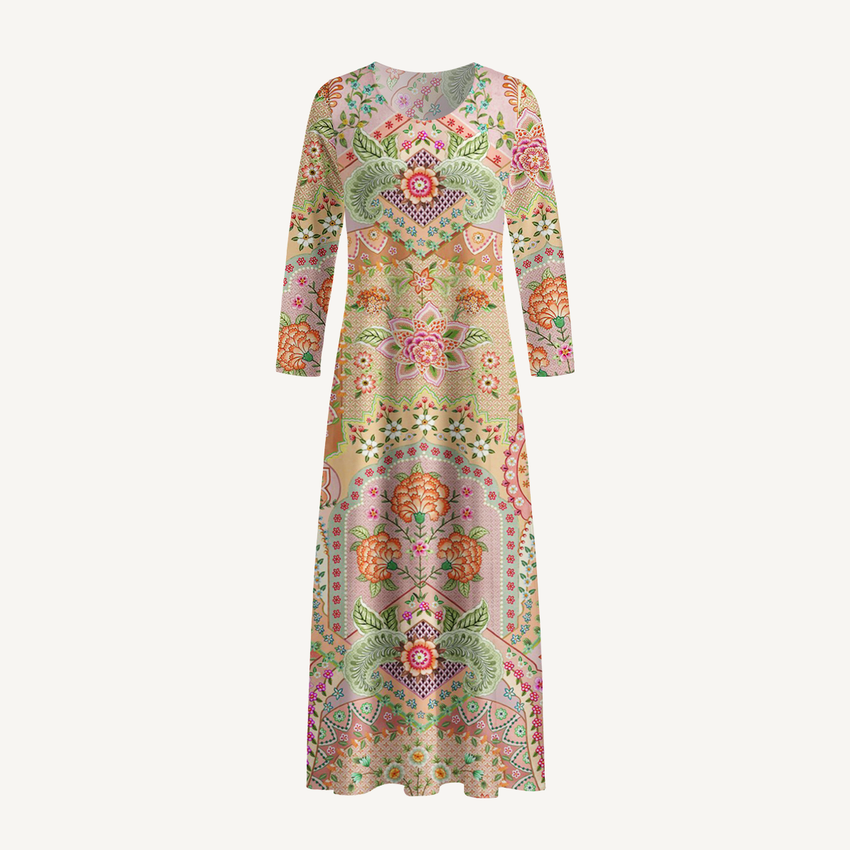 Patchwork Mandala Floral Print Soft-Touch Stretch Knit Long Sleeve Maxi Dress with Pockets