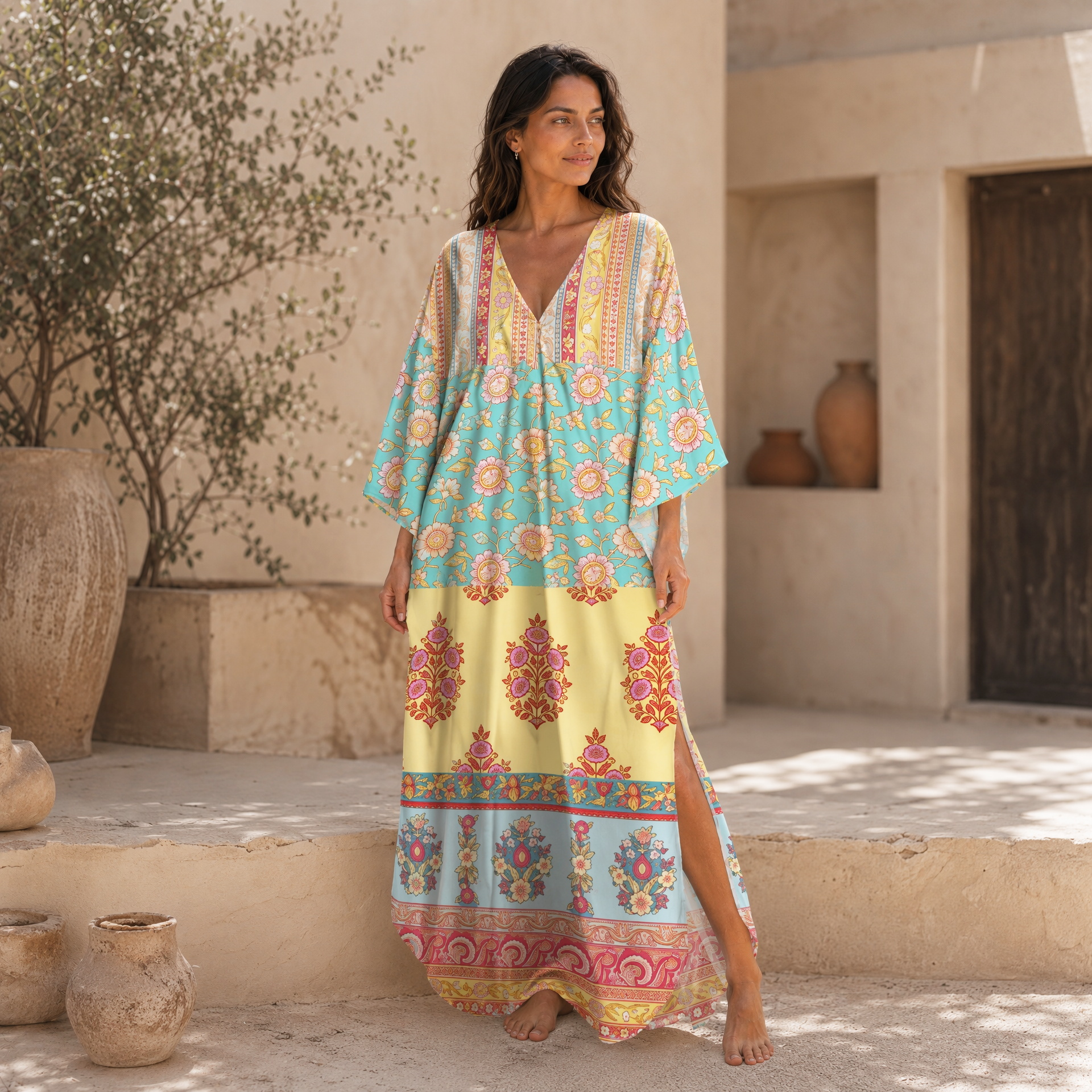 Paisley Inspired Pattern Soft Kaftan Maxi Dress