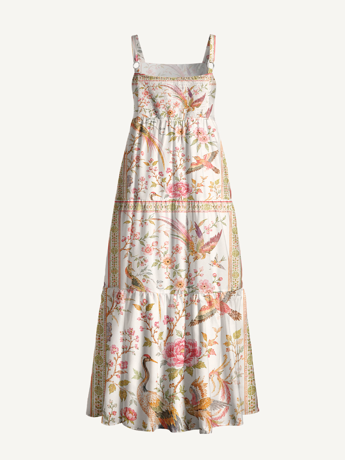 Romantic Crane Chinoiserie Print Strap Maxi Dress With Pockets